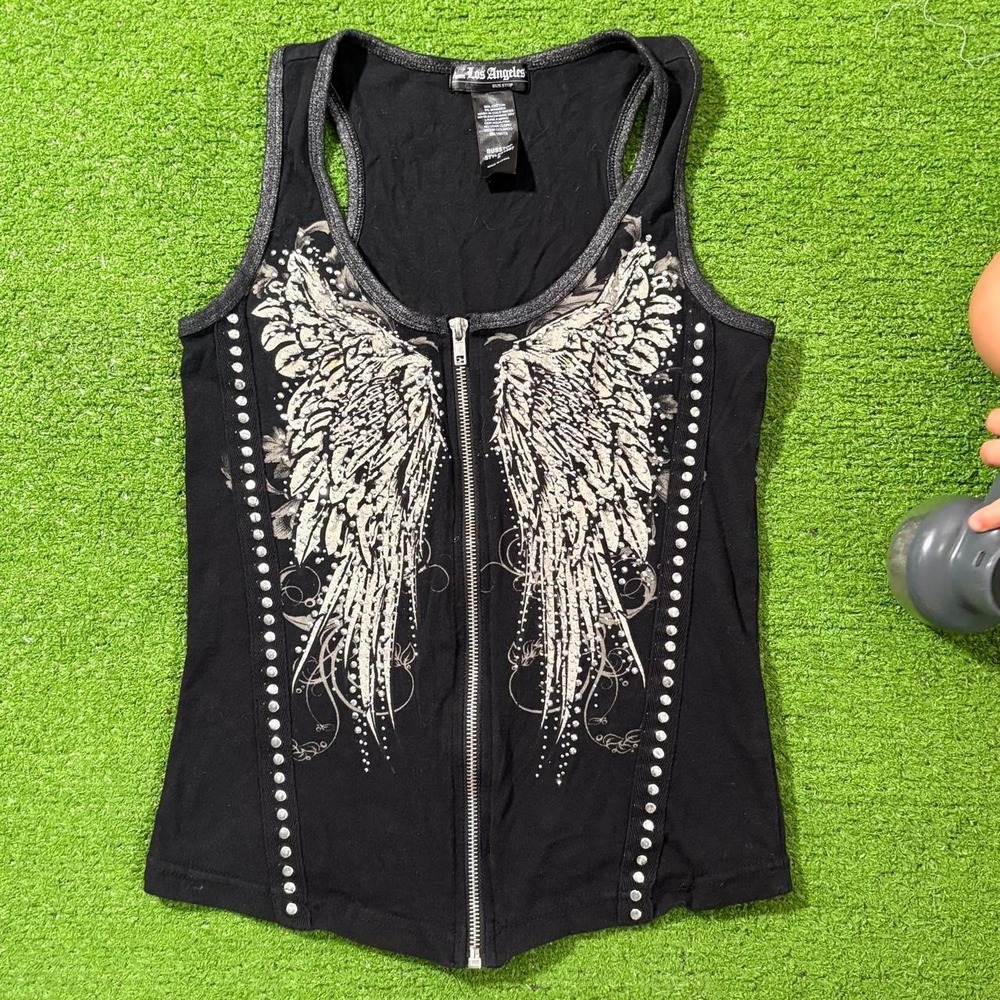 Vintage Y2K LA Bus Stop Rhinestones Angel Wings Zip Up Biker Tank Top Small